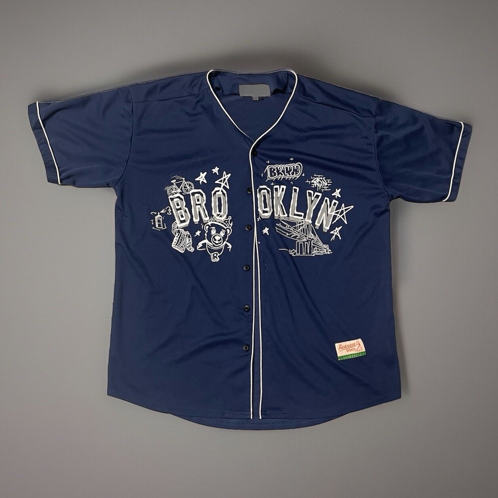 Reason Sports Brooklyn Baseball Jersey Mens XL Navy Blue Graphic‎ Mesh S62